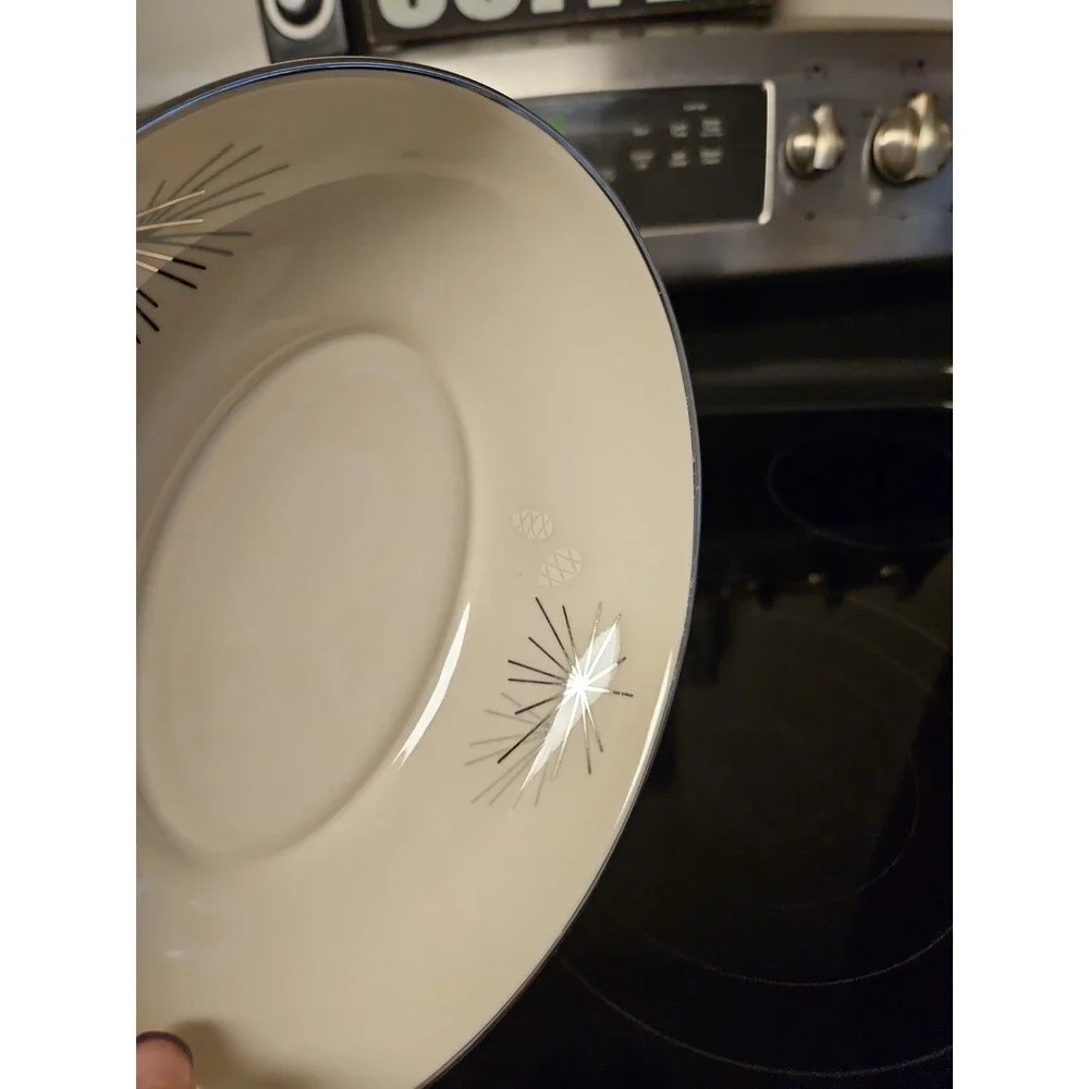 Vintage MCM Franciscan Silver Pine Atomic Pine Cones Oval Serving Bowl 8.75